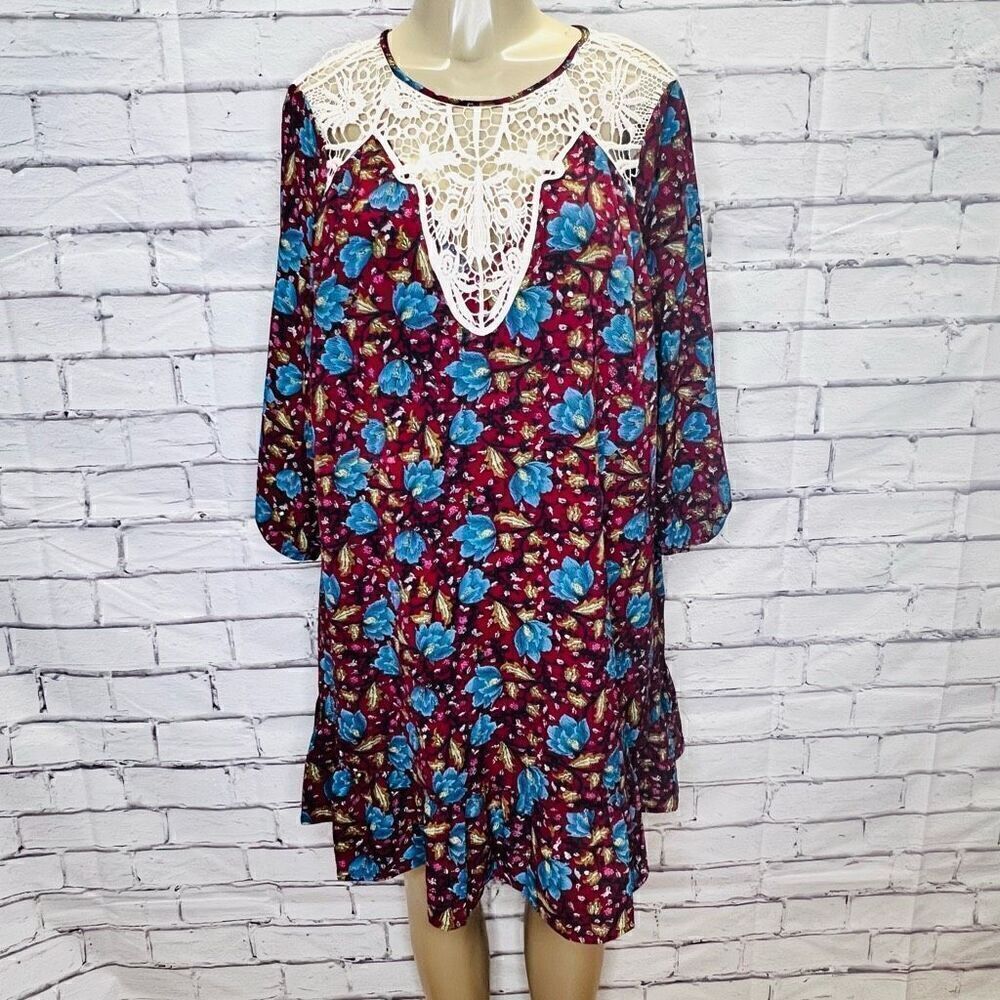 Entro Womens Multicolor Floral Print Crochet Lace Ruffle Hem Boho Dress Medium
